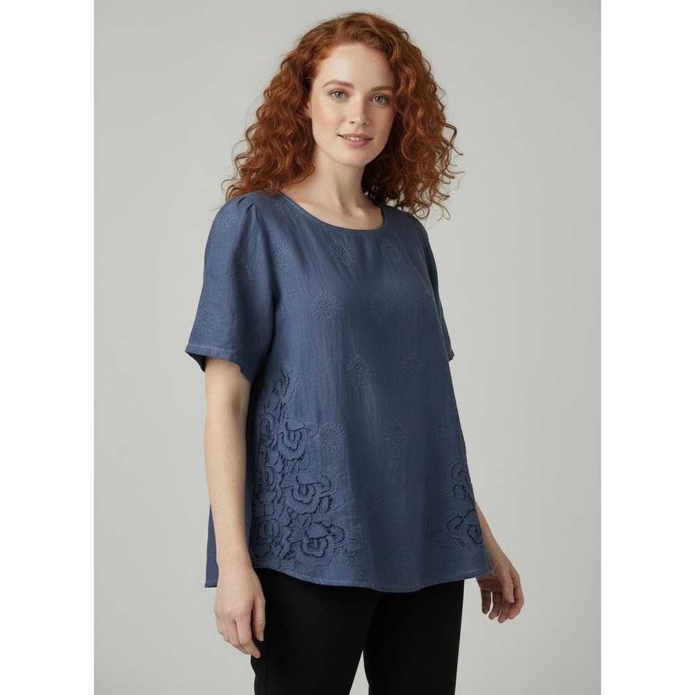 Chico's Blouse XL Indigo Blue Exc Linen Embroidered Popover Top Coastal Grandma